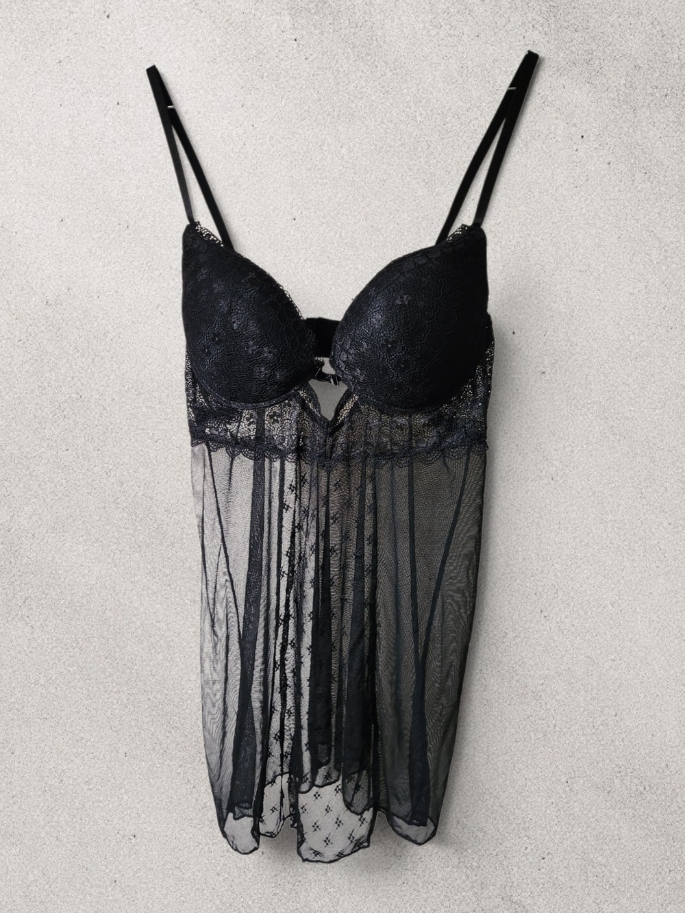 Sheer Black Floral Lace Babydoll Chemise With Bra